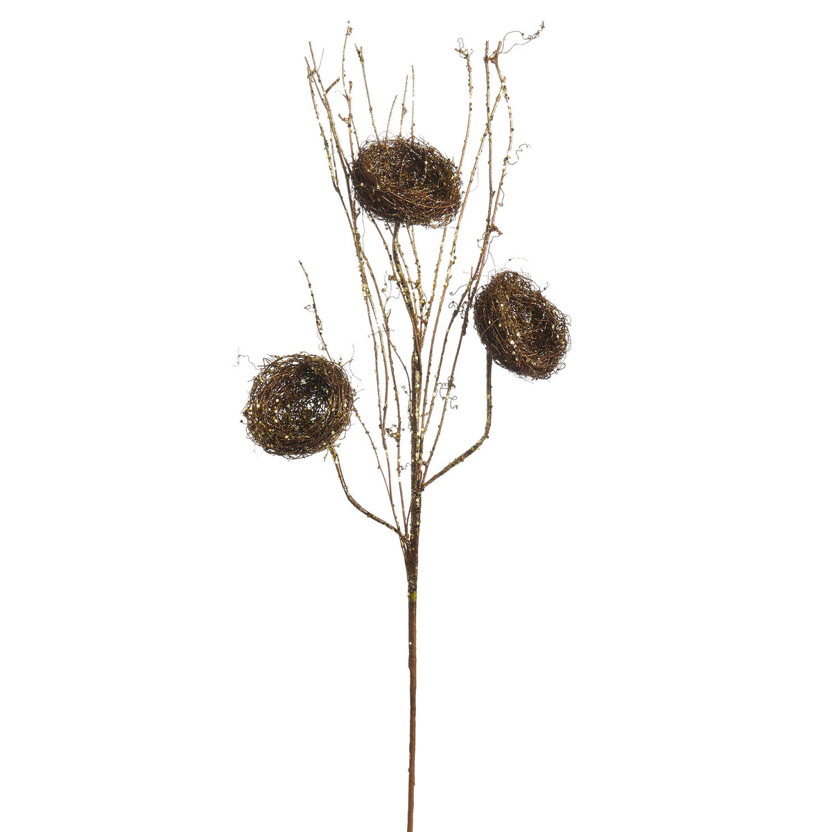 Gold Glittered Branch with Nests, A gold glittered twig branch holding three small woven nests, shown on a white background.