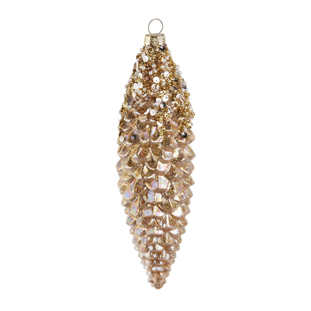 Gold Glittered Pinecone Ornament, An elongated glass pinecone ornament finished in gold and champagne glitter with beaded and jeweled detail at the top.