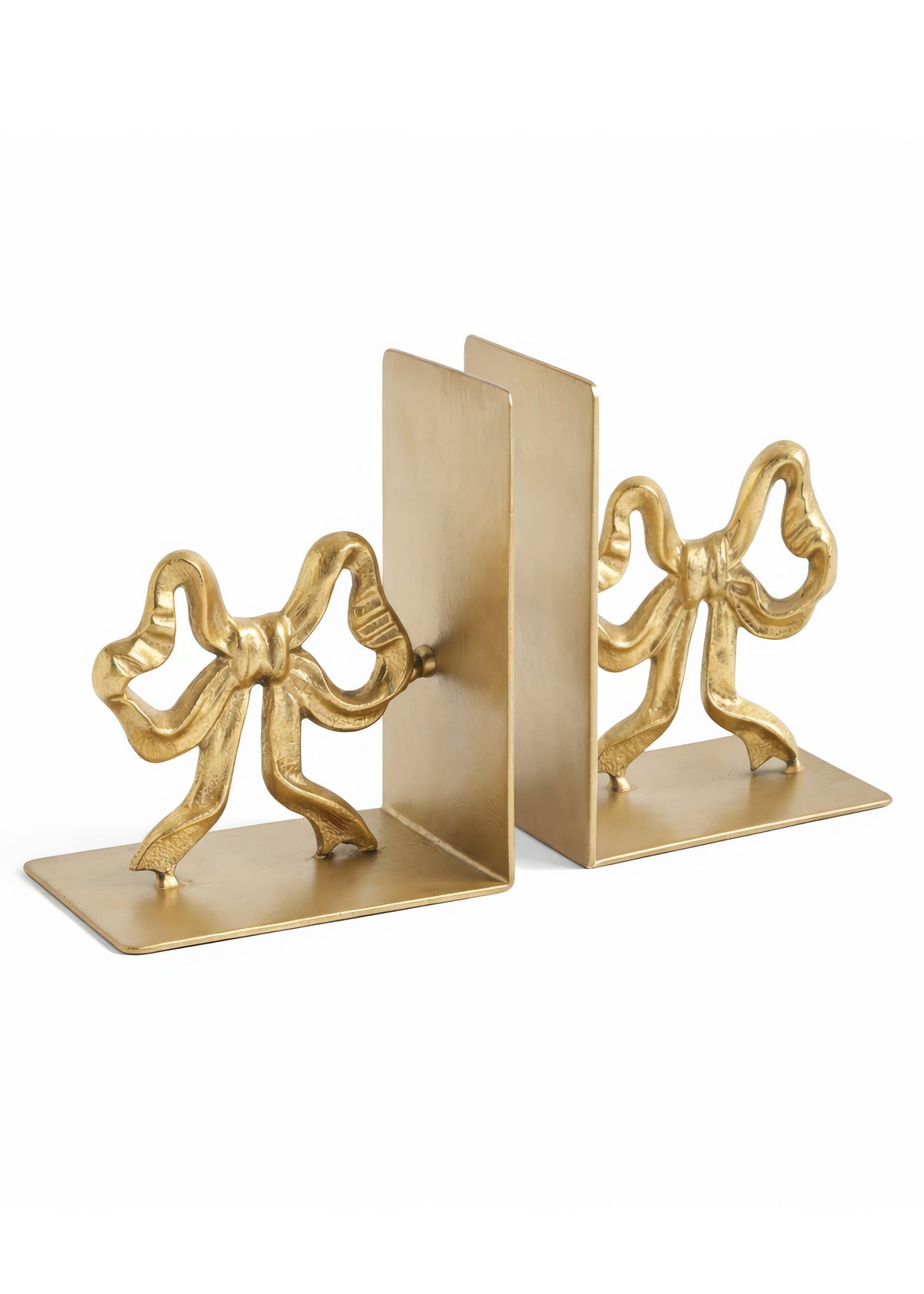 Gold Iron Bow Bookends, Set of 2, Two gold iron bookends shaped like ribbon bows, each with an L shaped base, shown standing back to back.