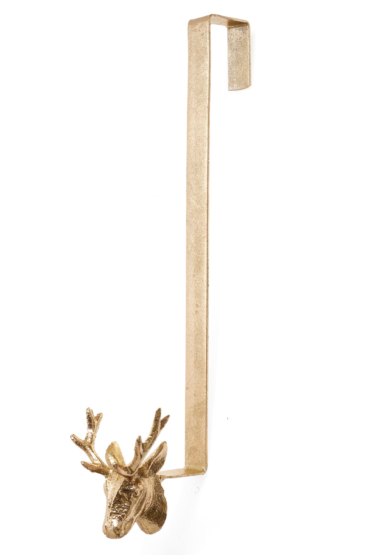 Gold Iron Deer Wreath Hanger, A gold iron wreath hanger shaped like a long hook, with a stag head and antlers at the bottom where a wreath would hang.
