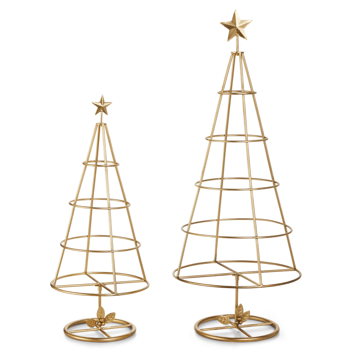 Gold Iron Ornament Display Tree, Small and large gold iron cone-shaped tree frames side by side, each topped with a star and set on a round base with a cluster of gold leaves.