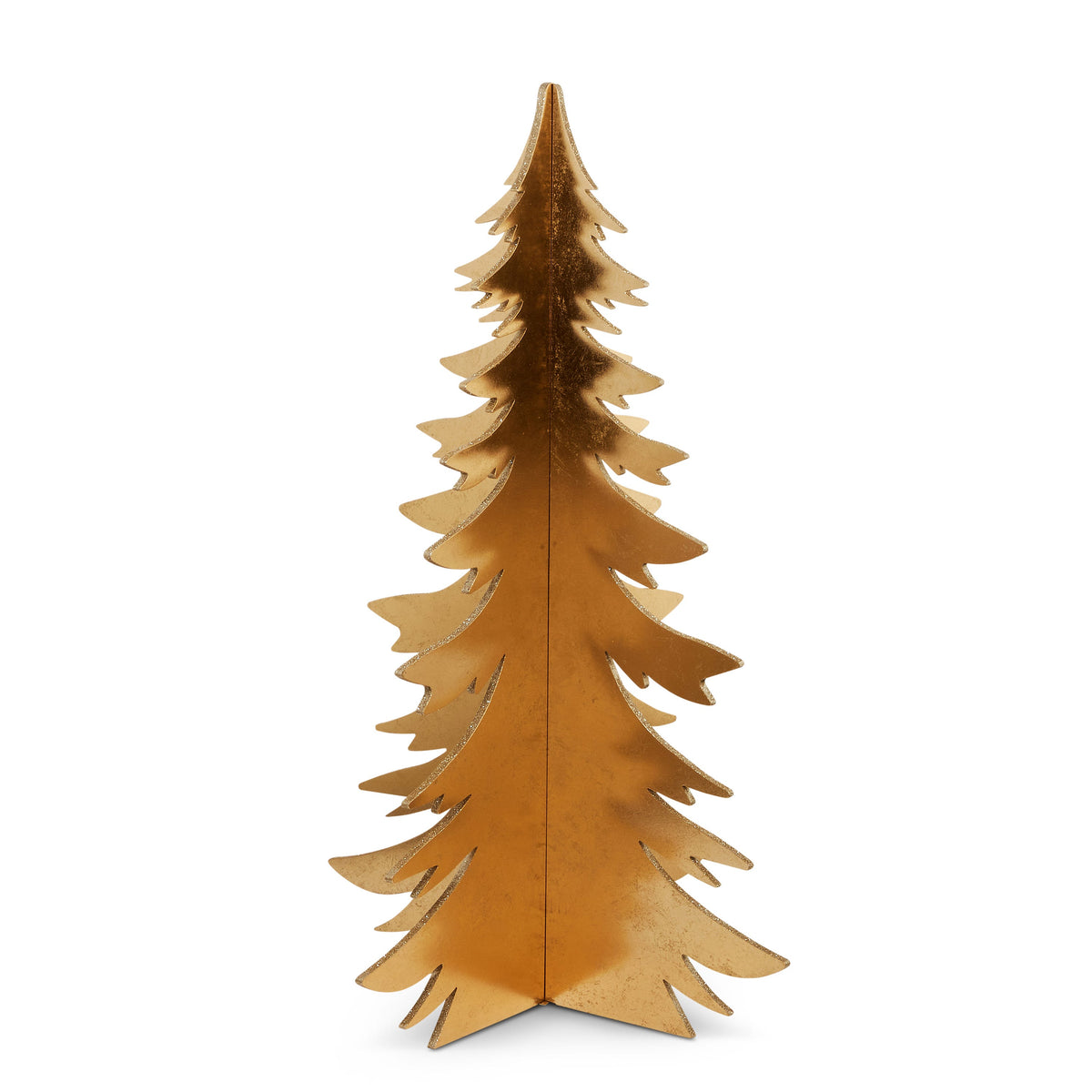 Gold Metallic 3-D Christmas Tree, A tall gold metallic Christmas tree silhouette made of two crossed flat panels with glittered edges, standing on its own.