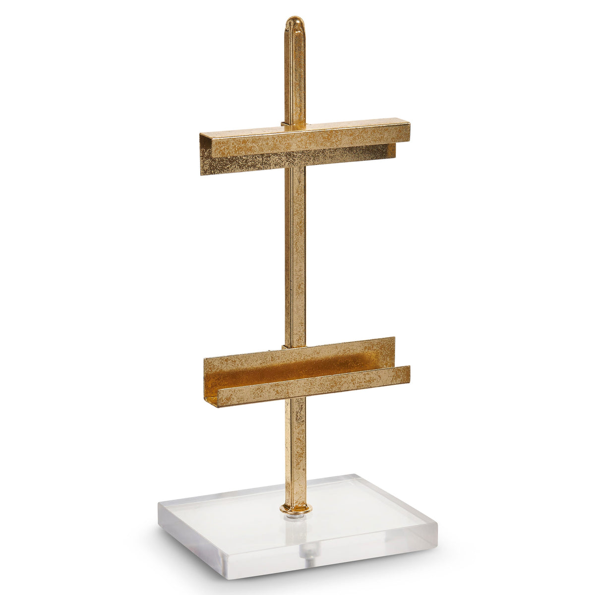 Gold Mini Easel with Acrylic Base, A gold metal tabletop easel with two ledges on a single upright post rising from a clear square acrylic base.
