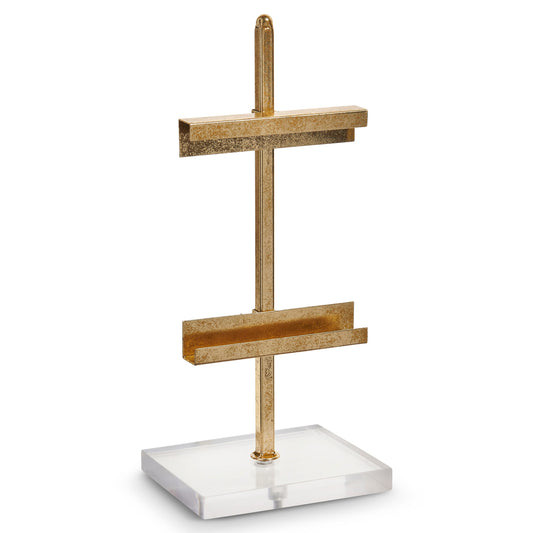Gold Mini Easel with Acrylic Base, A gold metal tabletop easel with two ledges on a single upright post rising from a clear square acrylic base.
