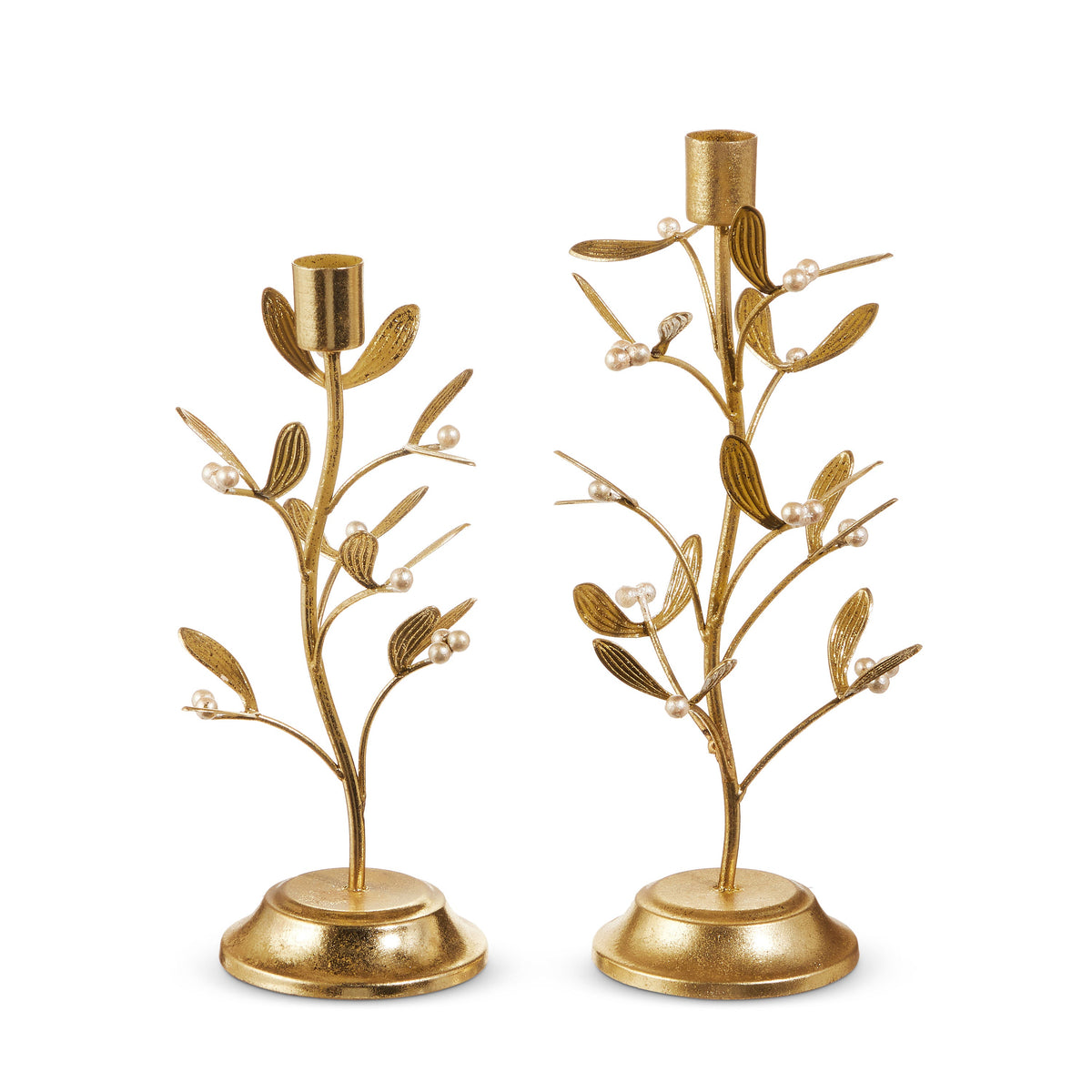 Gold Mistletoe Taper Candlestick, The small and large gold mistletoe candlesticks side by side, each with leafy iron branches, pearl-toned berries, a taper cup and a round base.