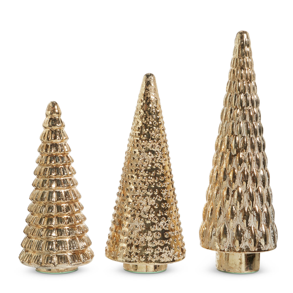 Gold Pattern Trees in all three sizes, Small 15", Medium 18" and Large 22", in ribbed, beaded and scalloped gold glass