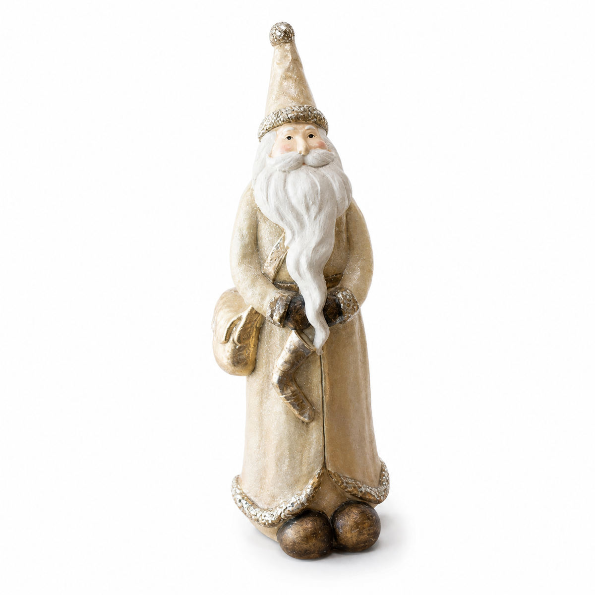 Gold Resin Santa, Small Santa with Stocking design: 6 inches across, 22.5 inches tall