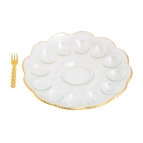 Gold Glass Deviled Egg Tray w/Serving Fork