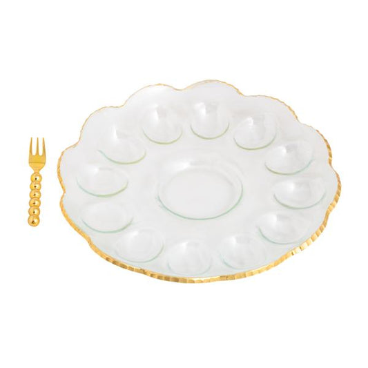 Gold Glass Deviled Egg Tray w/Serving Fork
