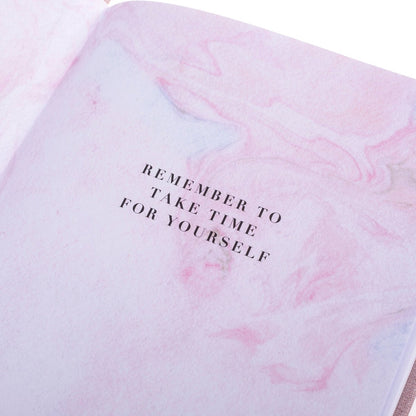 Gratitude Self-Care Journal, A dusty mauve fabric journal with 'Self-care and Gratitude' in navy foil above a rose, thorn, bud reflection format.
