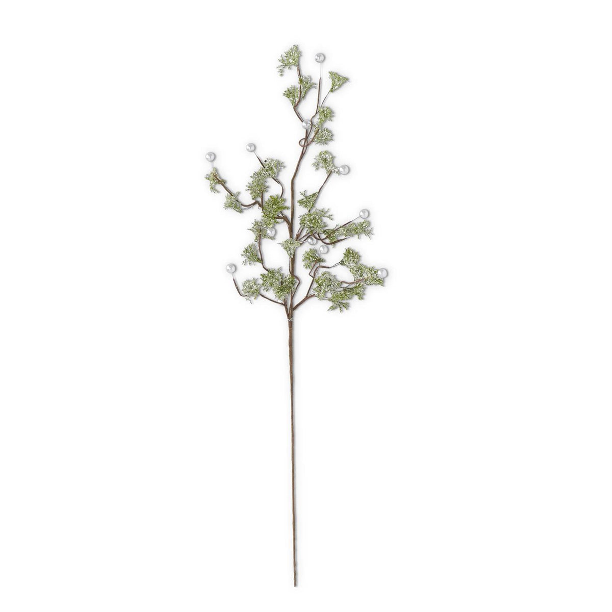 Green Glittered Stem with Silver Beads, 28 Inch, A slim branching stem of green glittered sprigs with small silver beads on thin wires and a brown paper-wrapped stem against white.