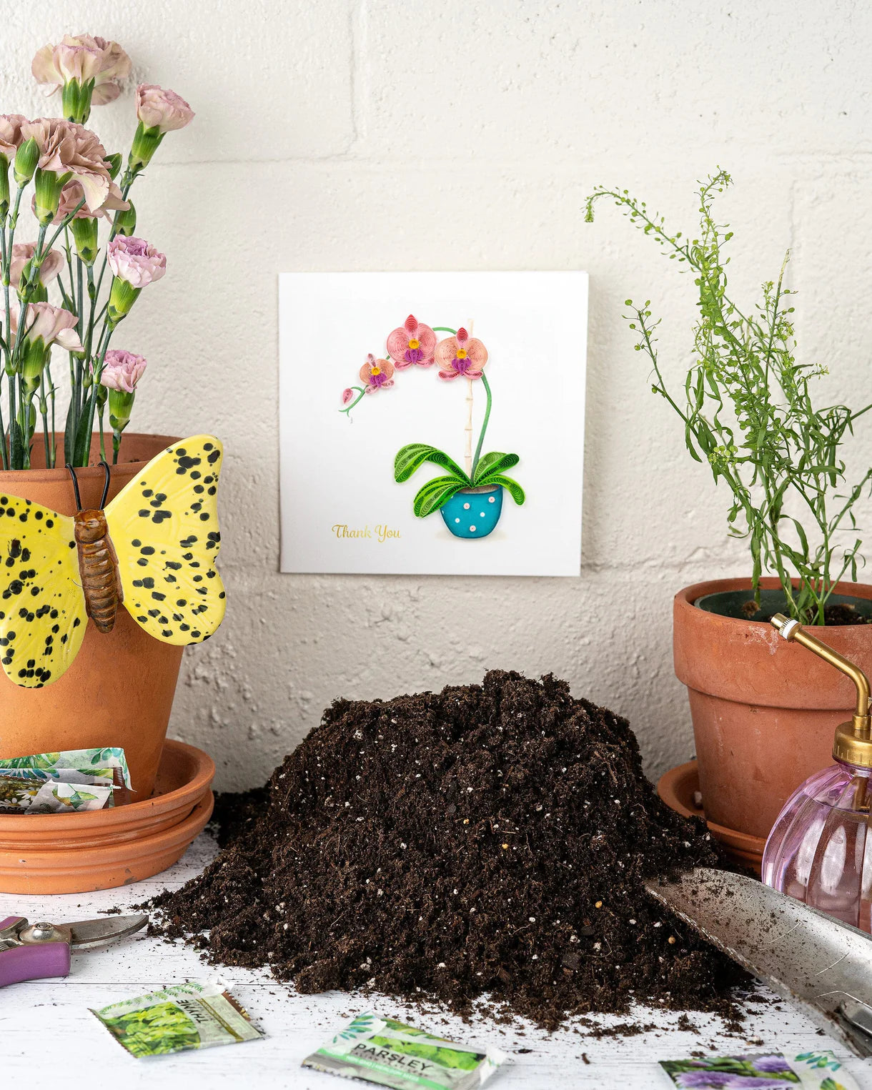 QuillingCard Tarjeta de agradecimiento con orquídea en maceta