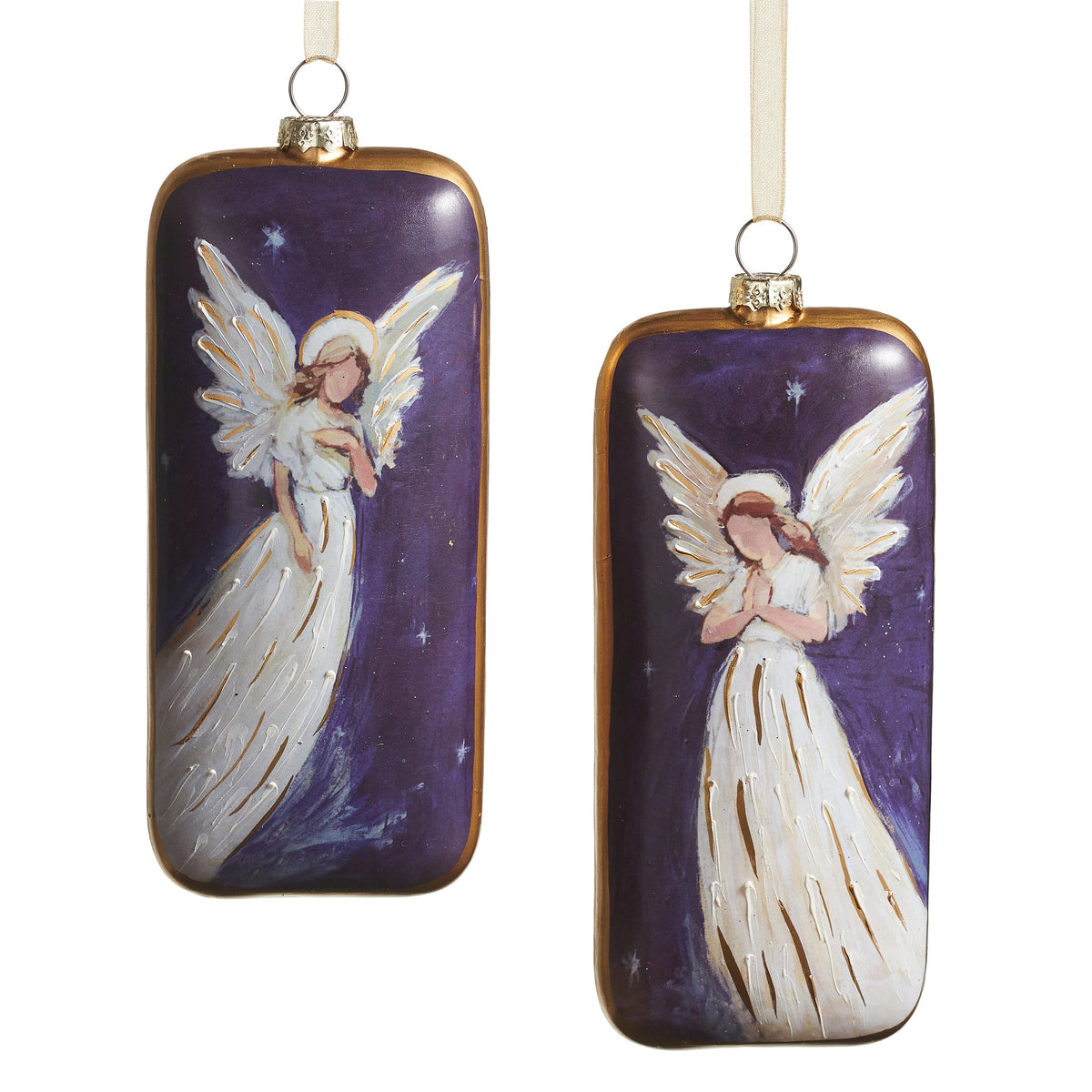Guardian Angel Rectangle Glass Ornament, Two rectangular glass ornaments with gold edges showing white-gowned angels on a starry violet background, one with a hand on her heart and one praying.