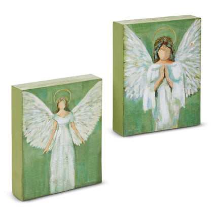 Guardian Angel Wood Art Block, Two green wood blocks printed with painterly angels in white gowns with feathered wings and gold halos, one with arms held open and one with hands folded in prayer.
