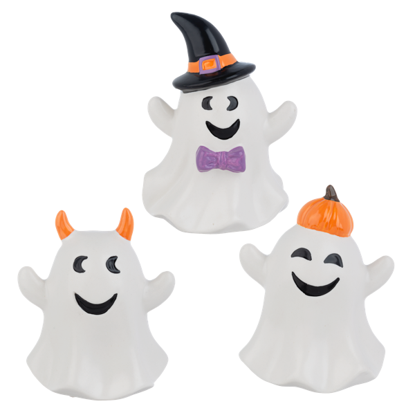 Halloween Ghost Figurine, Three smiling white ceramic ghosts, one in a black witch hat with a purple bow tie, one with orange horns and one with a pumpkin cap.