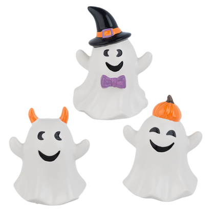 Halloween Ghost Figurine, Three smiling white ceramic ghosts, one in a black witch hat with a purple bow tie, one with orange horns and one with a pumpkin cap.