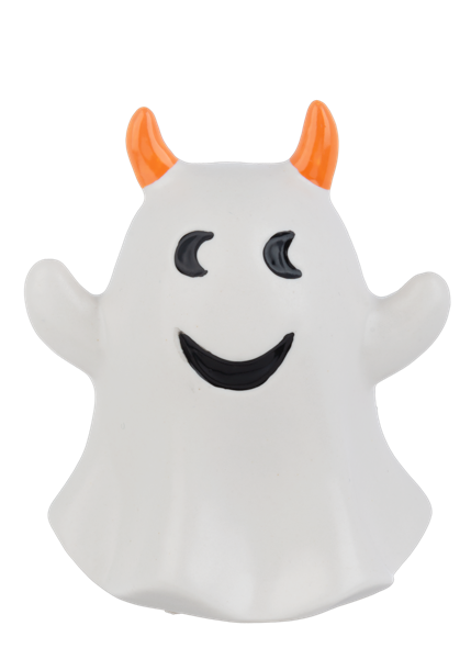 Halloween Ghost Figurine, Three smiling white ceramic ghosts, one in a black witch hat with a purple bow tie, one with orange horns and one with a pumpkin cap.