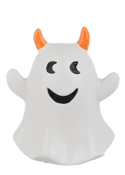 Halloween Ghost Figurine, Three smiling white ceramic ghosts, one in a black witch hat with a purple bow tie, one with orange horns and one with a pumpkin cap.