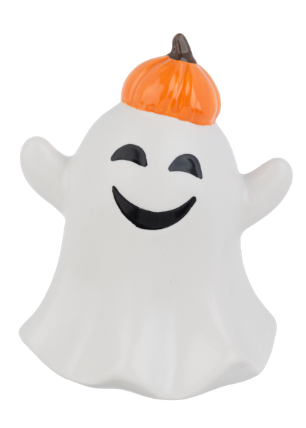 Halloween Ghost Figurine, Three smiling white ceramic ghosts, one in a black witch hat with a purple bow tie, one with orange horns and one with a pumpkin cap.