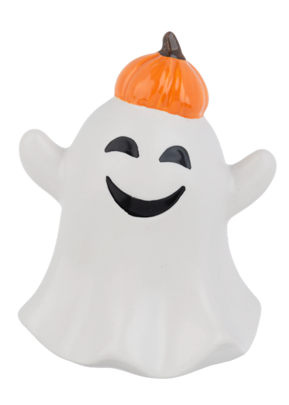 Halloween Ghost Figurine, Three smiling white ceramic ghosts, one in a black witch hat with a purple bow tie, one with orange horns and one with a pumpkin cap.
