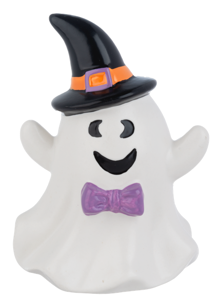 Halloween Ghost Figurine, Three smiling white ceramic ghosts, one in a black witch hat with a purple bow tie, one with orange horns and one with a pumpkin cap.