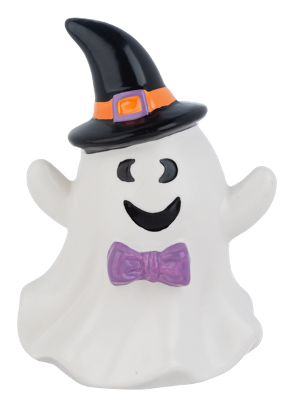 Halloween Ghost Figurine, Three smiling white ceramic ghosts, one in a black witch hat with a purple bow tie, one with orange horns and one with a pumpkin cap.
