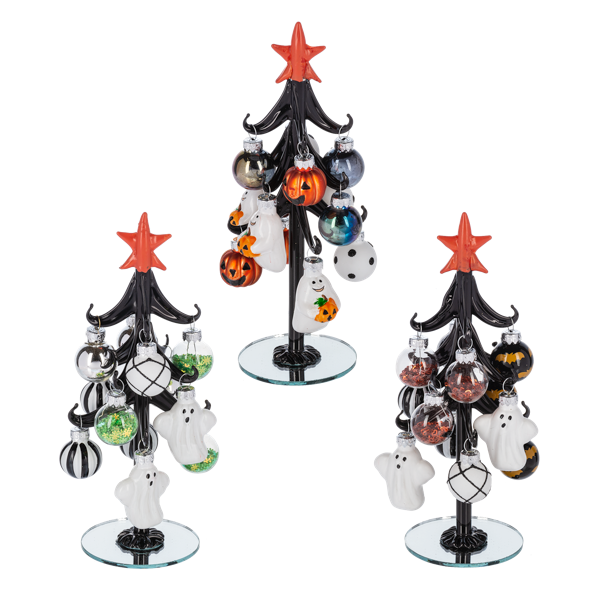 Halloween Tree with Ornaments, Three black glass trees with red stars on round mirrored bases, each hung with Halloween glass ornaments including ghosts, jack-o-lanterns, bats and stripes.