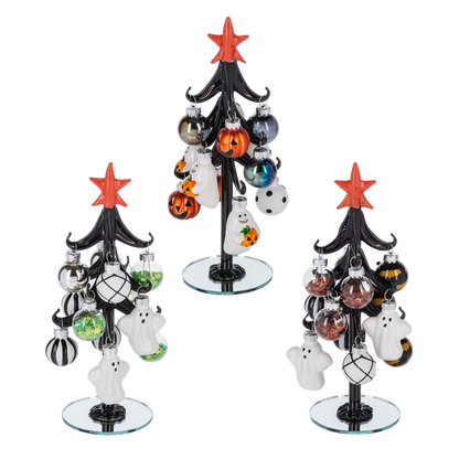 Halloween Tree with Ornaments, Three black glass trees with red stars on round mirrored bases, each hung with Halloween glass ornaments including ghosts, jack-o-lanterns, bats and stripes.