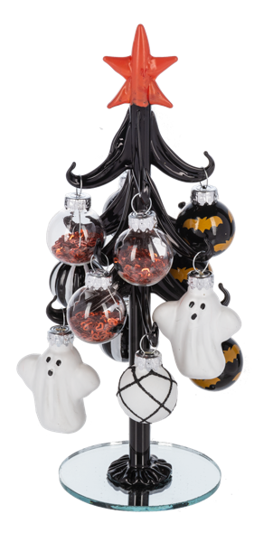 Halloween Tree with Ornaments, Three black glass trees with red stars on round mirrored bases, each hung with Halloween glass ornaments including ghosts, jack-o-lanterns, bats and stripes.