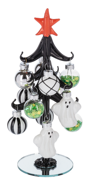 Halloween Tree with Ornaments, Three black glass trees with red stars on round mirrored bases, each hung with Halloween glass ornaments including ghosts, jack-o-lanterns, bats and stripes.