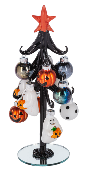 Halloween Tree with Ornaments, Three black glass trees with red stars on round mirrored bases, each hung with Halloween glass ornaments including ghosts, jack-o-lanterns, bats and stripes.