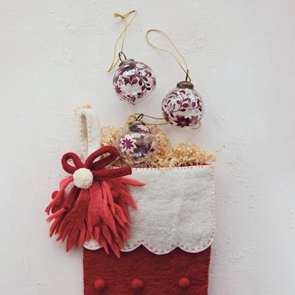Hand-Painted Glass Ball Ornament with Poinsettia Design