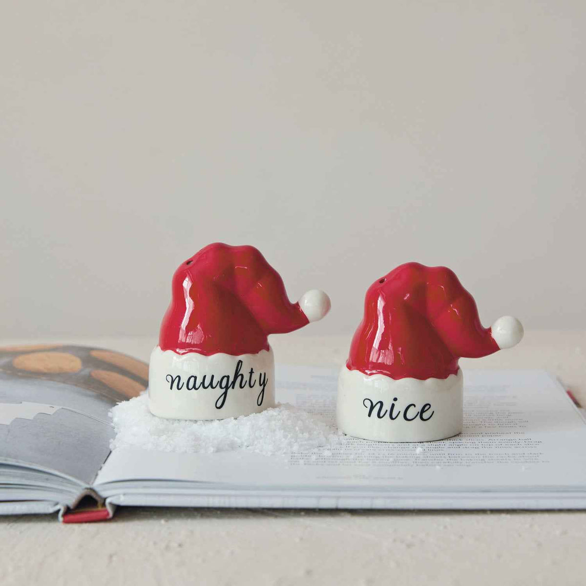 Hand-Painted Stoneware Santa Hat Salt and Pepper Shakers