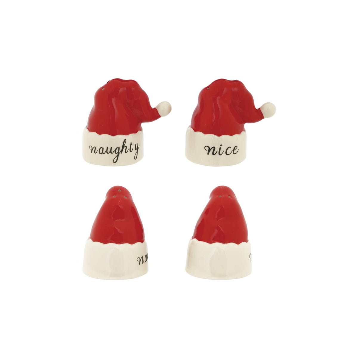 Hand-Painted Stoneware Santa Hat Salt and Pepper Shakers, Two glossy red Santa hat shakers with white pom-poms and white brims, one lettered naughty and the other nice.