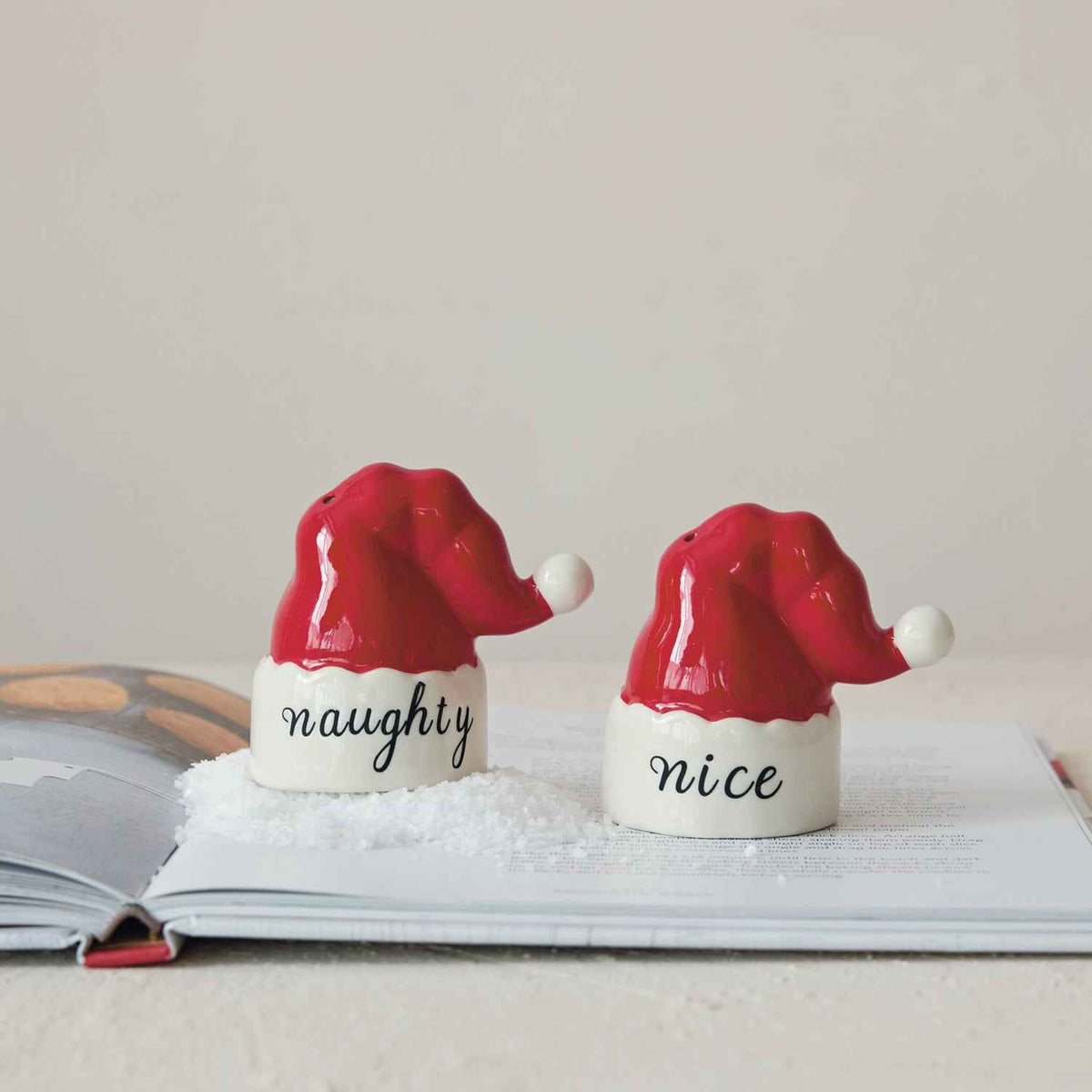 Hand-Painted Stoneware Santa Hat Salt and Pepper Shakers