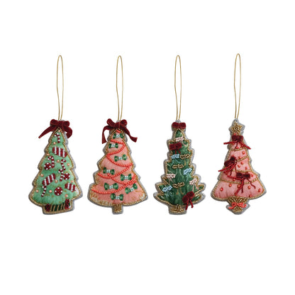 Handmade Beaded Fabric Christmas Tree Ornament, Four beaded fabric Christmas tree ornaments in green and pink with gold cords and red velvet bows.
