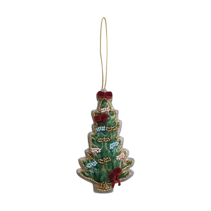Handmade Beaded Fabric Christmas Tree Ornament, Green with Blue Bows