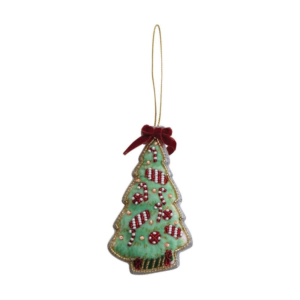 Handmade Beaded Fabric Christmas Tree Ornament, Green with Candy Canes
