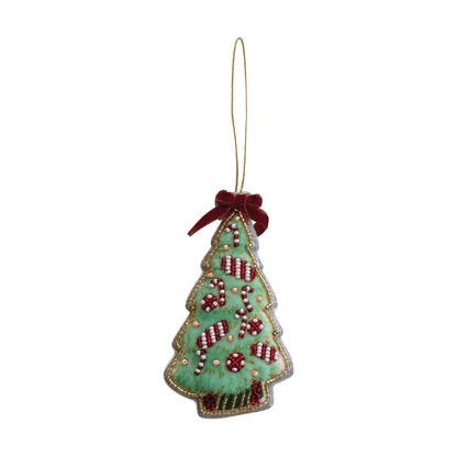 Handmade Beaded Fabric Christmas Tree Ornament, Green with Candy Canes
