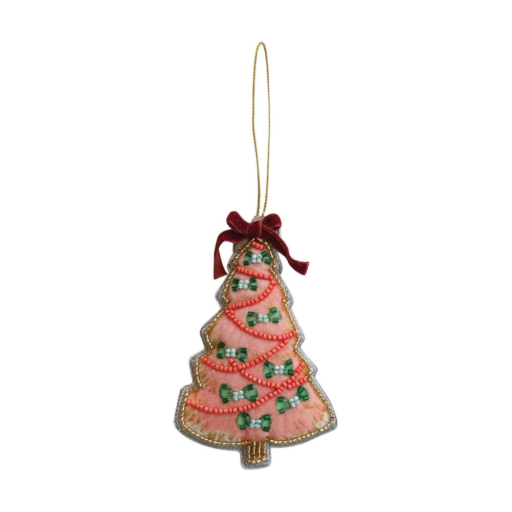 Handmade Beaded Fabric Christmas Tree Ornament, Pink with Green Bows