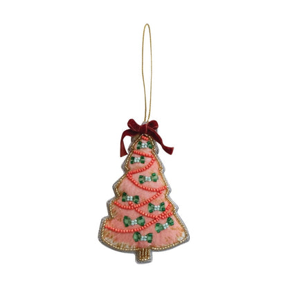 Handmade Beaded Fabric Christmas Tree Ornament, Pink with Green Bows