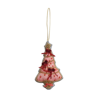 Handmade Beaded Fabric Christmas Tree Ornament, Pink with Red Bows