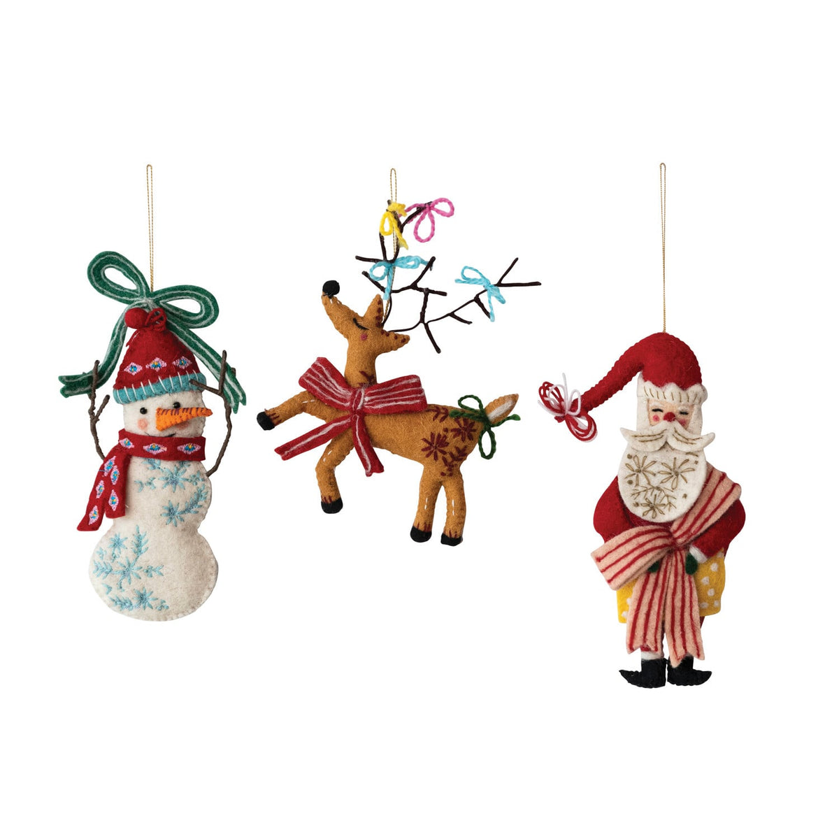 Handmade Embroidered Wool Felt Holiday Ornament, Three embroidered wool felt ornaments on gold cords: a snowman in a red hat, a leaping reindeer with twig antlers and a Santa holding a yellow present.