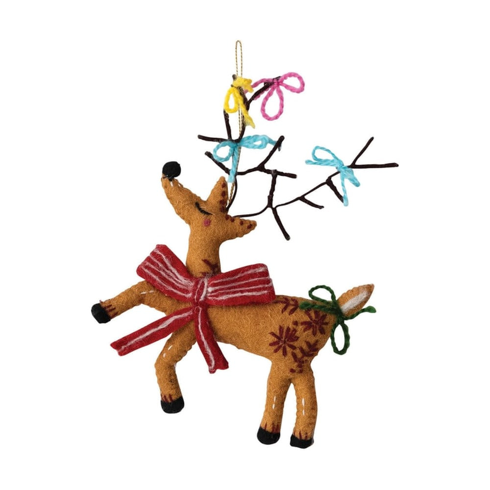 Handmade Embroidered Wool Felt Holiday Ornament, Reindeer