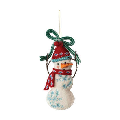 Handmade Embroidered Wool Felt Holiday Ornament, Snowman
