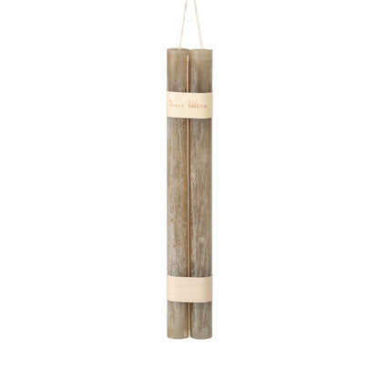 Hanging Timber Taper Candles 12 Inch, Pair, Two amber colored taper candles bound together with cream paper bands hang side by side against a plain white background.