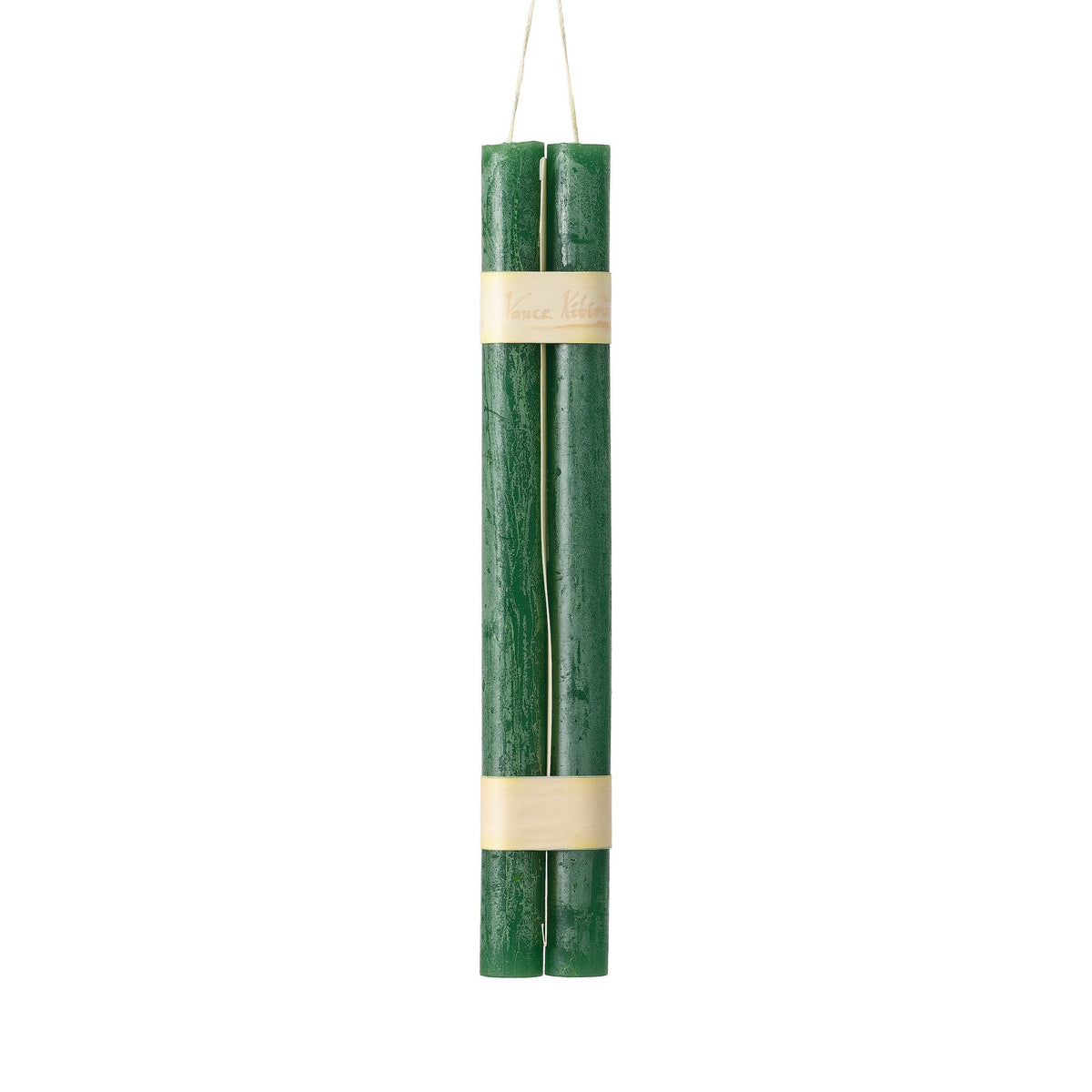 Hanging Timber Taper Candles 12 Inch, Pair, Two amber colored taper candles bound together with cream paper bands hang side by side against a plain white background.