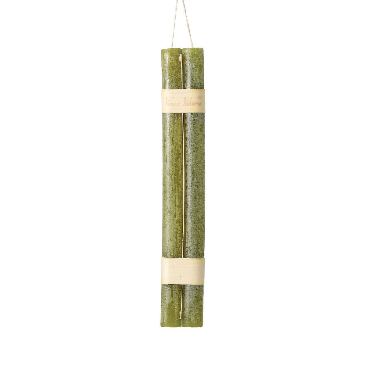 Hanging Timber Taper Candles 12 Inch, Pair, Two amber colored taper candles bound together with cream paper bands hang side by side against a plain white background.