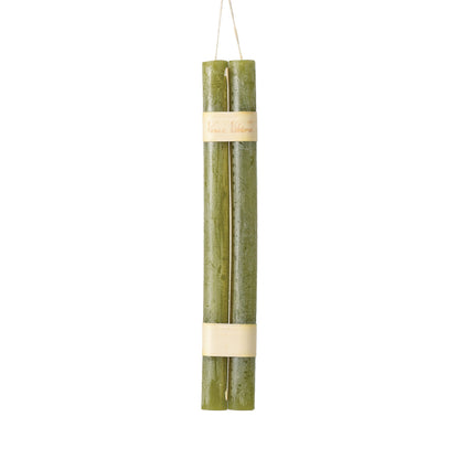 Hanging Timber Taper Candles 12 Inch, Pair, Two amber colored taper candles bound together with cream paper bands hang side by side against a plain white background.