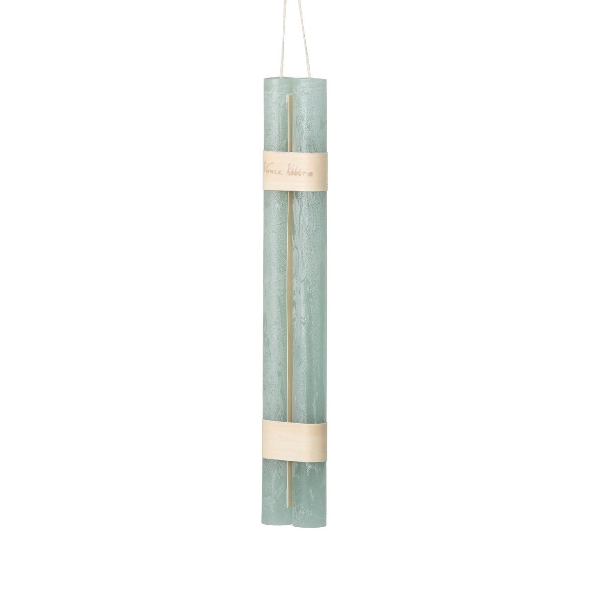 Hanging Timber Taper Candles 12 Inch, Pair, Two amber colored taper candles bound together with cream paper bands hang side by side against a plain white background.